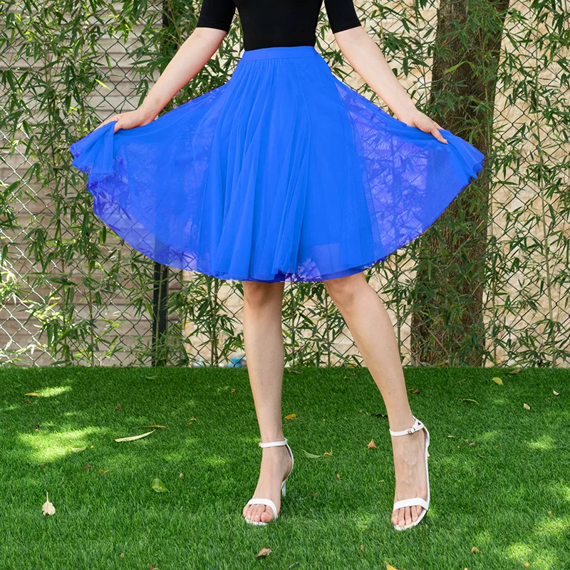 55cm Length 2022 Summer Women's Tulle Skirt Knee Length Mesh Mini Lolita  Petticoat faldas mujer Saia Jupe