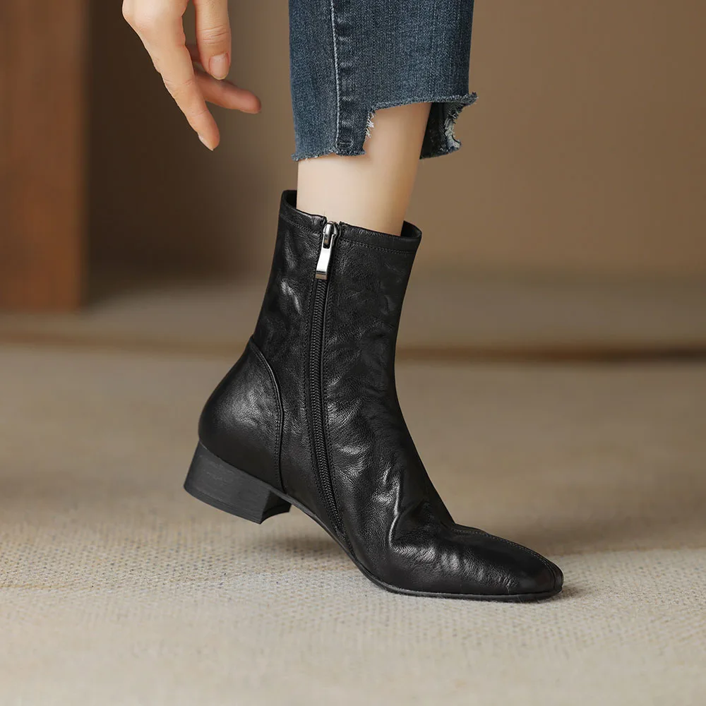 

Retro High-quality French Leather Shoe Thick Square Toe Boots Medium Thick Heel Solid Short Boots Versatile Fits All Season