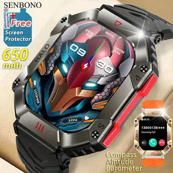 SENBONO 2023 남성용 스마트 워치 나침반 기압계, GPS 궤적, 야외 스포츠, 블루투스 통화, 650mAh, 2.0 인치 스마트 워치
