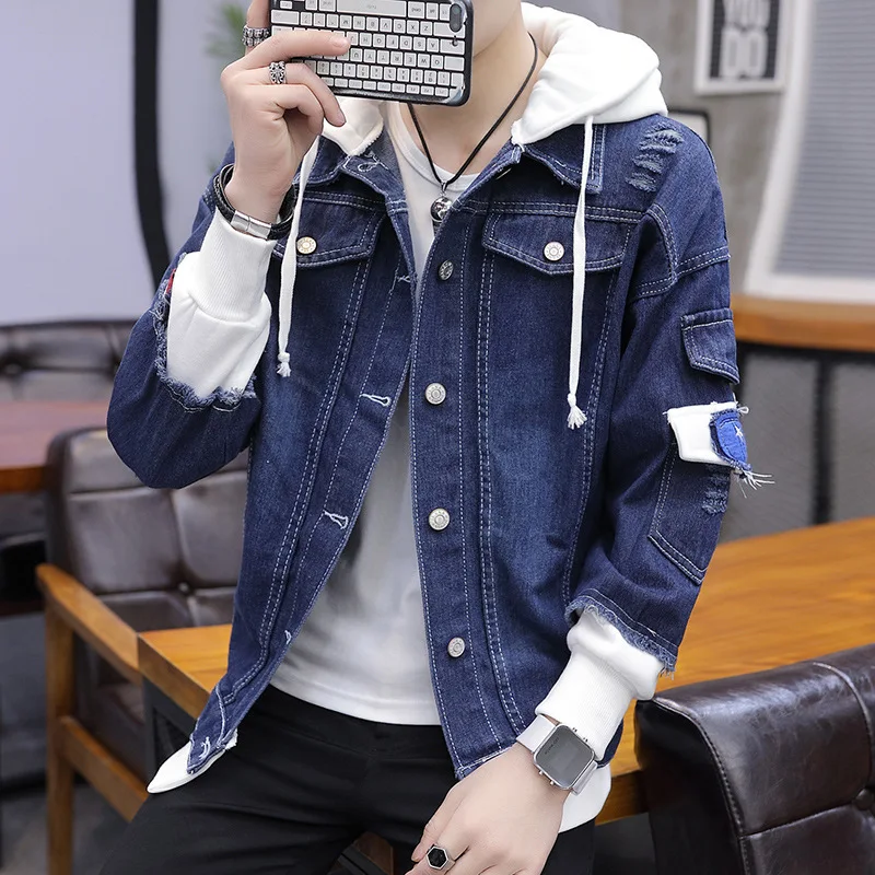 

Wholesale Spring Summer Handsome Fake Two-piece Denim Jacket Men Fertilizer Increase Casual Jacket Coat Korean Men's Clothing