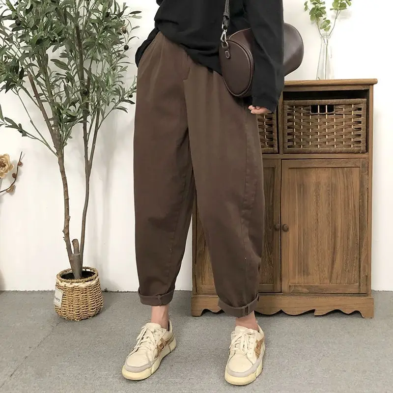New Style Spring and Autumn Women's Solid Color High Waist Loose Elastic Halun Pants Pockets Fashion Casual Commuter Trousers
