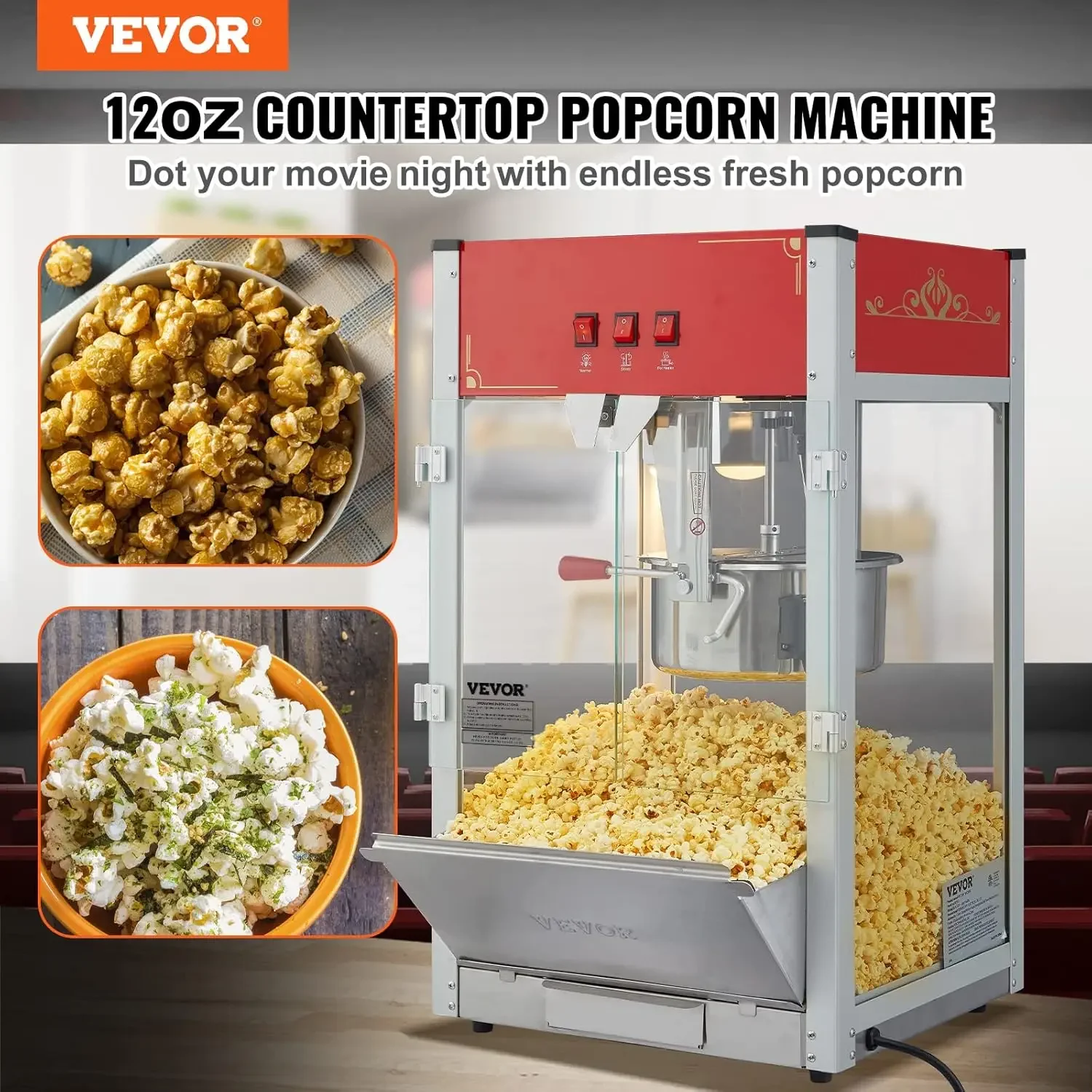 Commercial Popcorn Machine, 12 Oz Kettle, 1440 W Countertop Popcorn Maker for 80 Cups per Batch, Theater Style Popper with 2