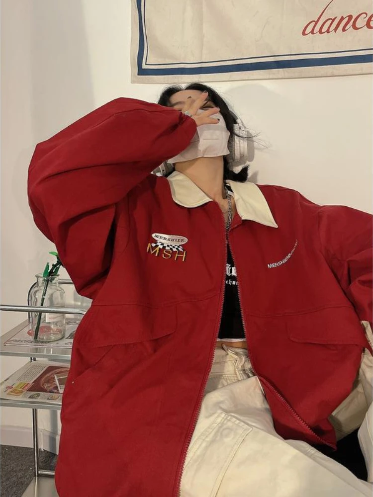 

QWEEK 90s Vintage Red Jackets Women Y2K Streetwear Retro Letter Bomber Jacket Oversized Hip Hop Patchwork Harajuku Beige Coats