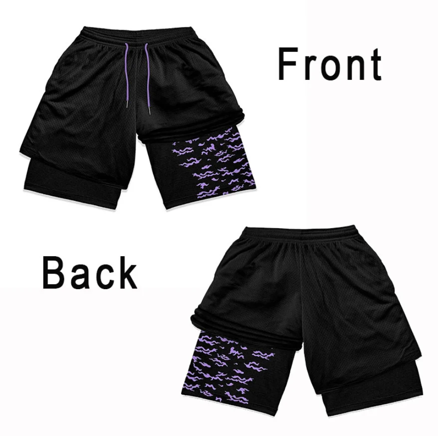 Men's 2 in 1 Running Shorts Male Workout Anime Shorts Training Yoga Gym Sportswear Pants Sport Short Pants with Pockets