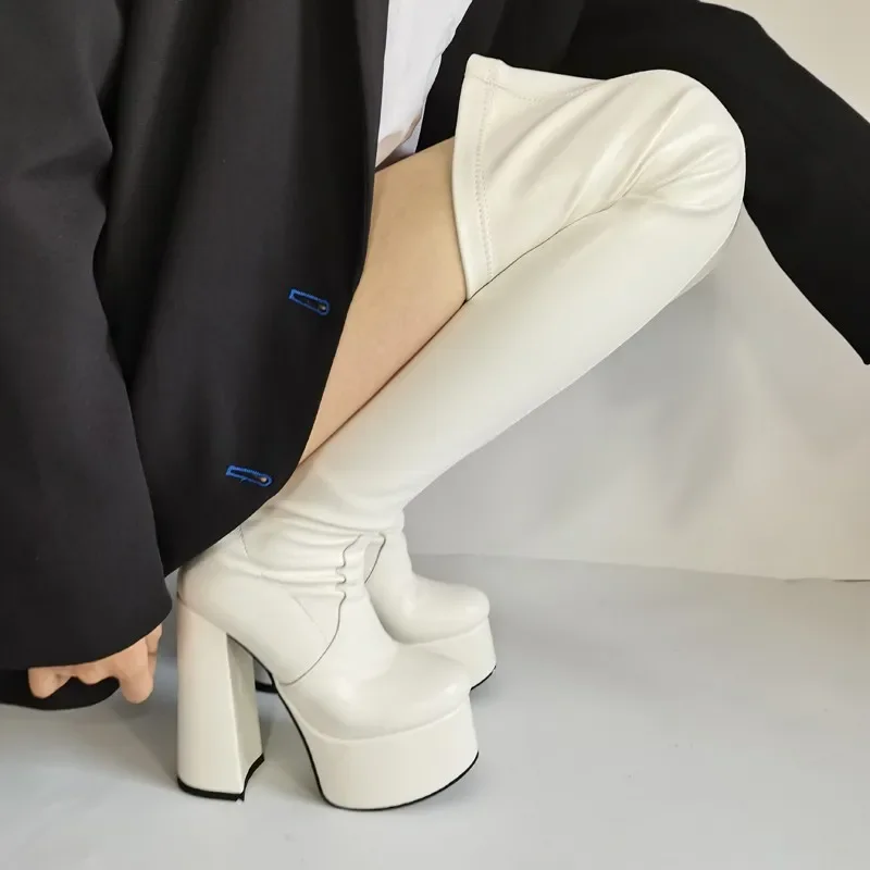 여성용 허벅지 하이 부츠, 반짝이는 특허 가죽 플랫폼 부츠, 섹시한 하이힐, 무릎 위 부츠
