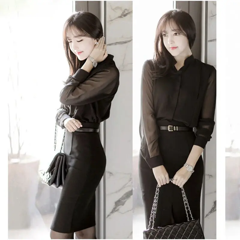 여성 블랙 빈티지 쉬폰 블라우스 봄 여름 거즈 긴 소매 스탠드 칼라 야생 패션 우아한 여성 풀오버 셔츠