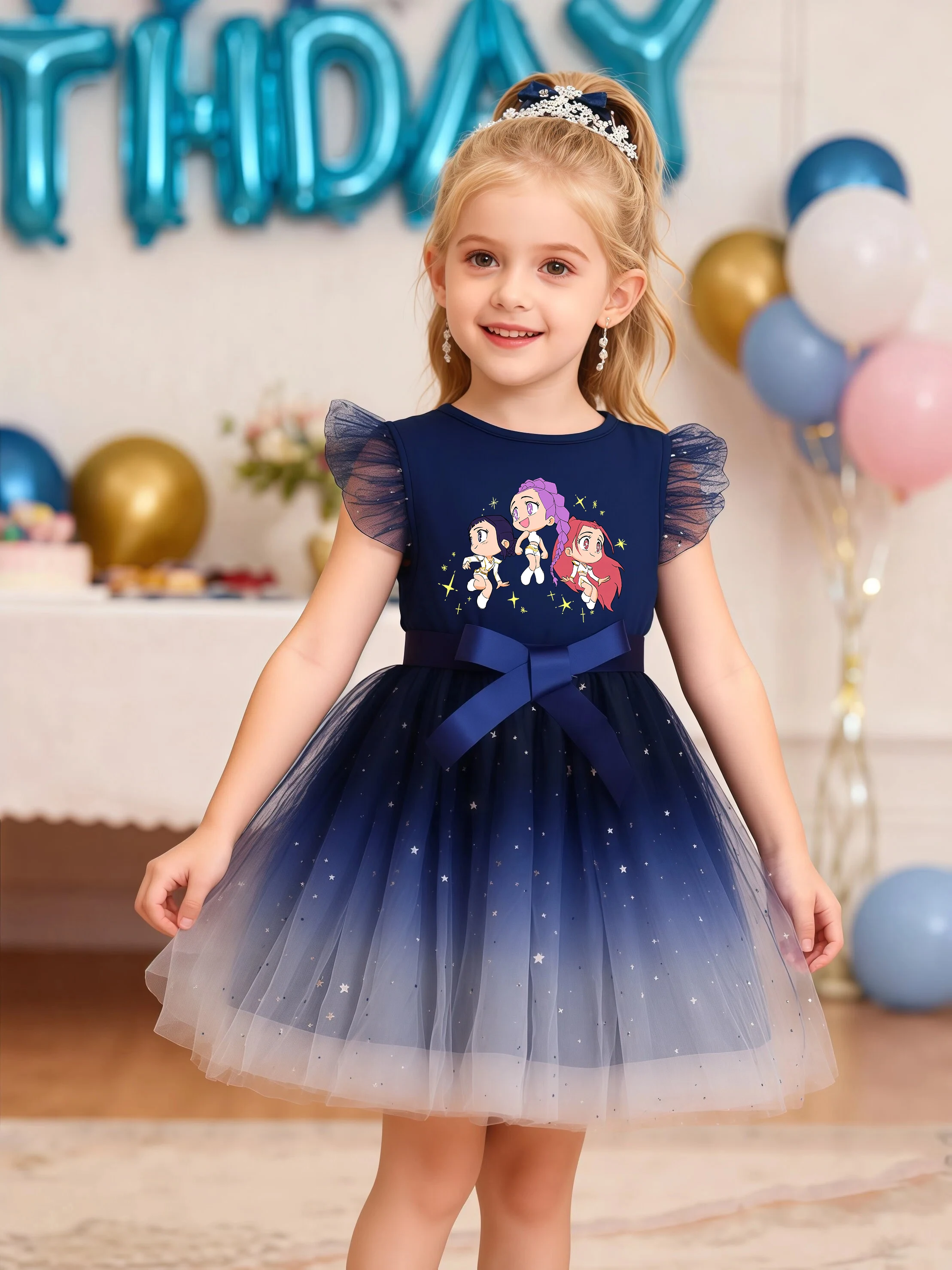 K-Pop Hunters Zoey Rumi Mädchen Pailletten-Tutu-Kleid mit Schleife und Flatterärmeln, Sommer-Prinzessinnen-Party-Outfit für Kleinkinder von 2-6 Jahren