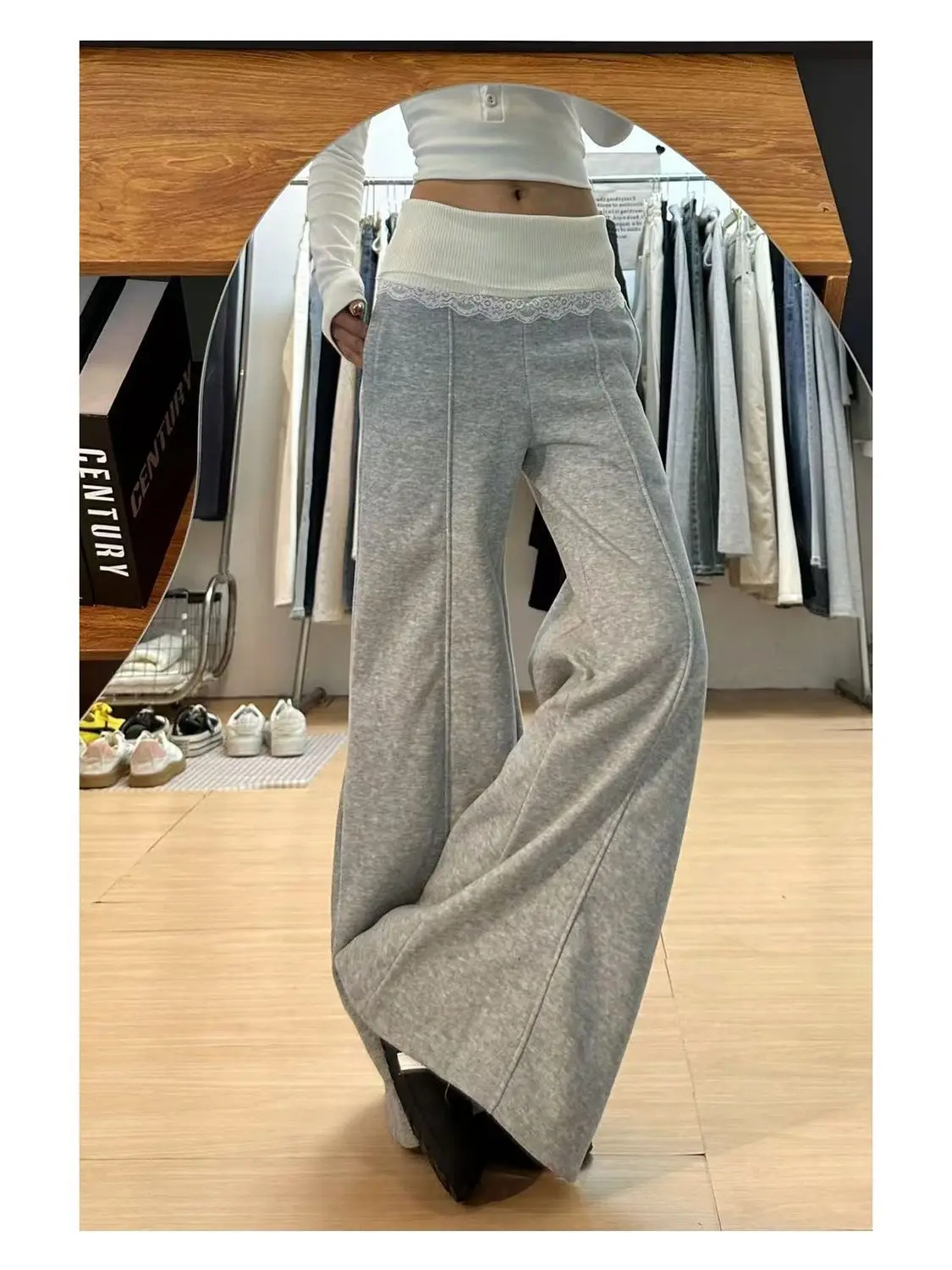 HOUZHOU Gray Lace Patchwork Women Pants Wide Leg Korean Fashion Sweatpants Solid Color Straight Trousers Baggy Basic Casual