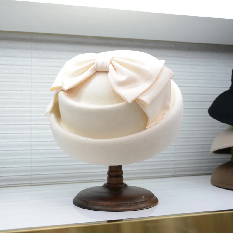 

100% Australian wool top hat French elegant silk bow beret Fashion vintage Painter hat Women's banquet basin hat