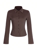 Chemise à manches longues pour femmes, rayée, Slim, boutonnée, travail, déplacements, haut court, Streetwear, automne/hiver 6