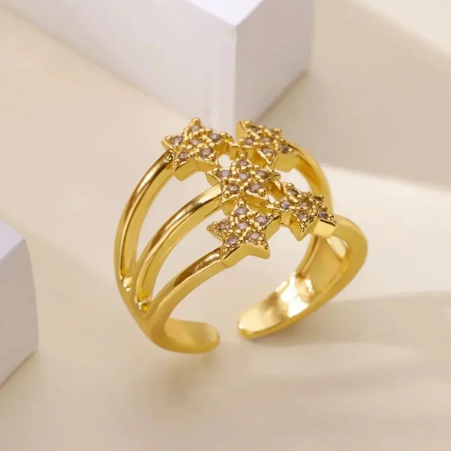 Luxury Zircon Stars Rings 18K Gold Plated Metal Crystal Star Adjustable Ring