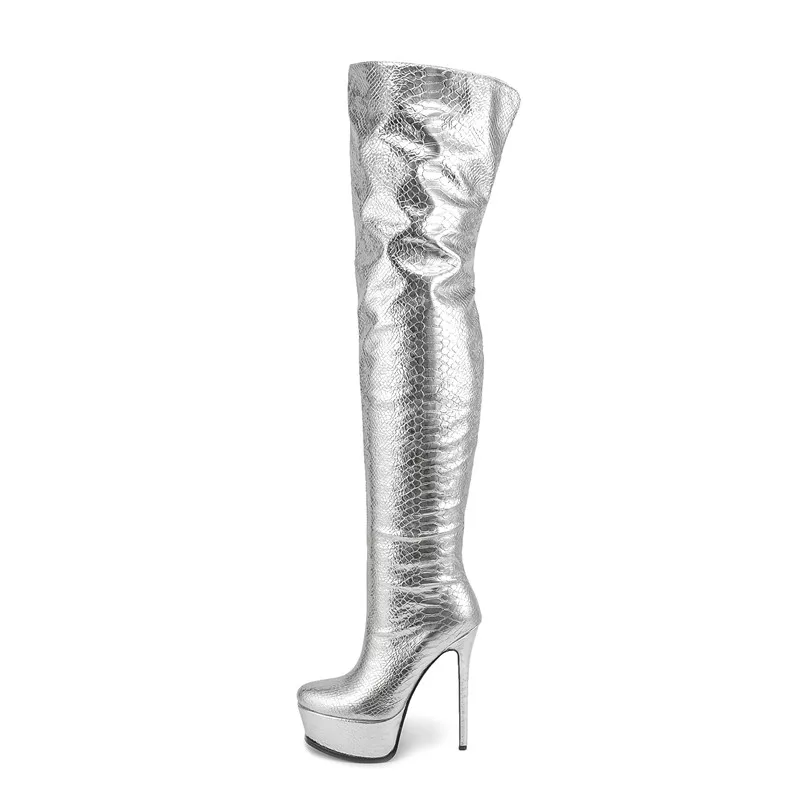 

MKKHOU Fashion Over Knee Boots Women New High Quality Round Toe Thick Sole High Heel Snake Silver Boots Modern Long Boots