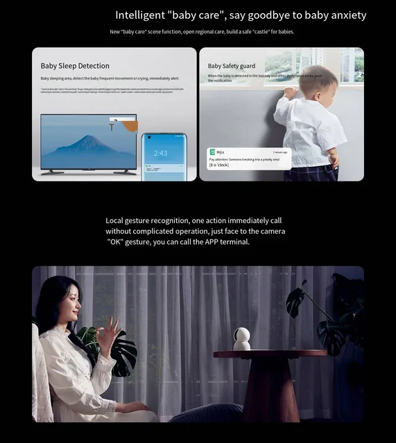 샤오미 미지아 스마트 카메라 AI 강화 1440P HD 2.4, 5G 와이파이, 팬 틸트 야간 투시경, 360 ° 비디오 보기, 아기 울음 소리, 애완 동물 보안 모니터