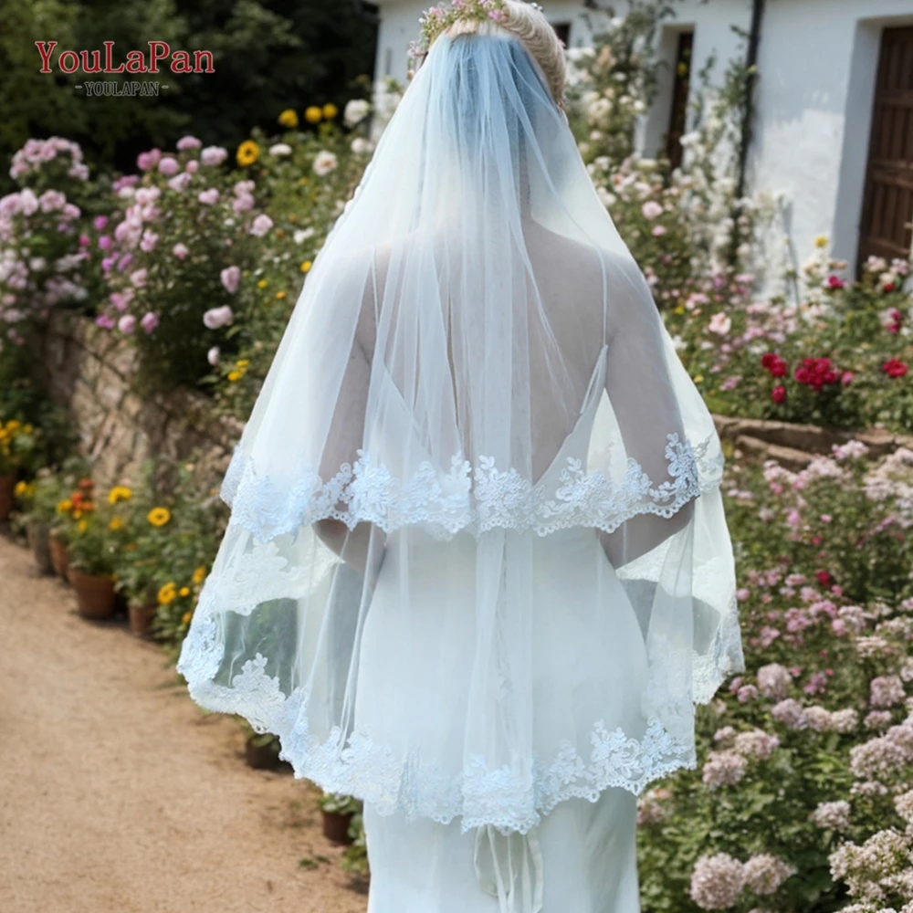 YouLaPan V49 Simple Wedding Veils and Tiara Bridal Veils Wedding Short  Elbow Length Lace Wedding Veil with Partial Trim