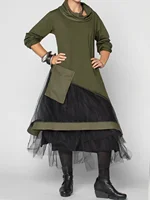 Plus Size Women's Dress Cowl Neck Patchwork Mesh Tiered Long Sleeve Maxi Dress A-Line Aysmmetric Hem Dress-Only Black Part - Image 6