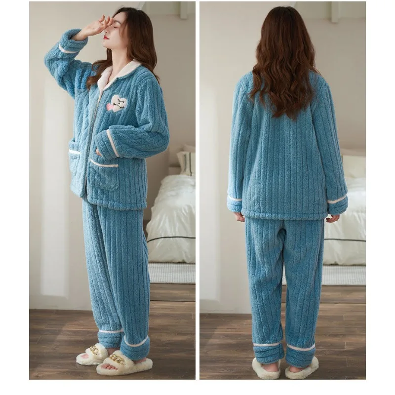 Woman Pajamas Winter Thickened Plus-size Loose Flannel Famale Warm Loungewear Coral Fleece Sweet Girl Sleepwear Ladies Pijamas