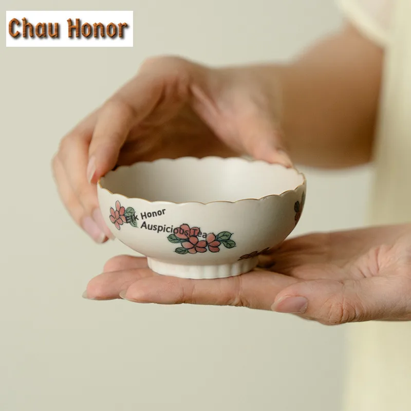 100ml Hand-painted Five-petal Flowers Teacup Ancient Tea Bowl Mug Tea-tasting Meditation Cup Chazhan Master Cups Drinkware Gift
