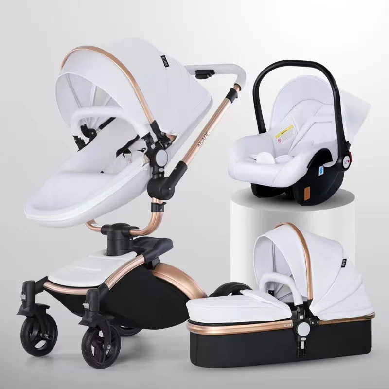 Luxury Baby Stroller 3 in 1,PU Leather Carriage,High Landscape, Folding