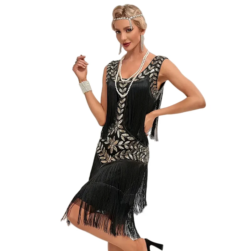1920s Sleeveless Flapper Dresses Scoop Neck Great Gatsby Dresses Fringed Sequin Roaring 20s Dress Cocktail Party Costume 3