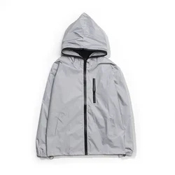 Men's Plus Size Reflective Waterproof Windbreaker Jacket - High Street Hip Hop Style, Loose Fit, Hooded Design - S (45-50kg) (Gray)
