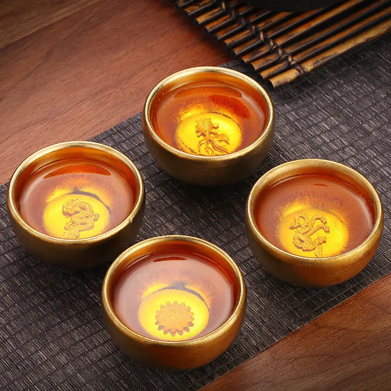 Jianzhan Ceramic Tea Cup Tenmoku Glazed Gilt Gold Inlaid Silver Dragon Teacup Pigmented Kung Fu Tea Bowl Pigmented Tea Set