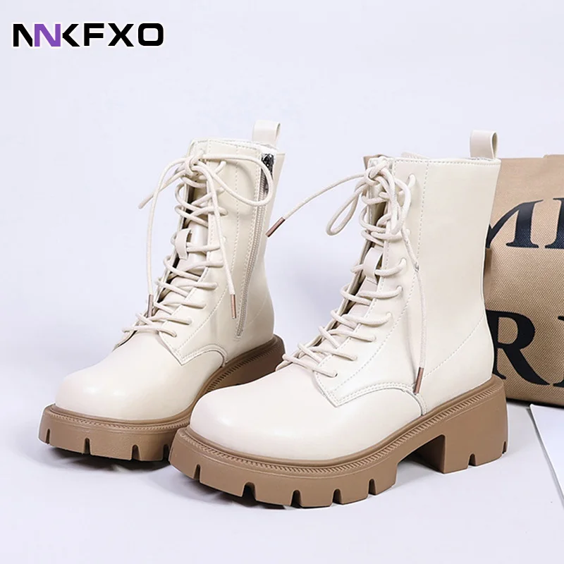 

Women Fashion Ankel Boots Autumn Winter Boots PU Leather Boots Round Toe Square Heel Boots Front Lace Up Side Zipper Boots QB317