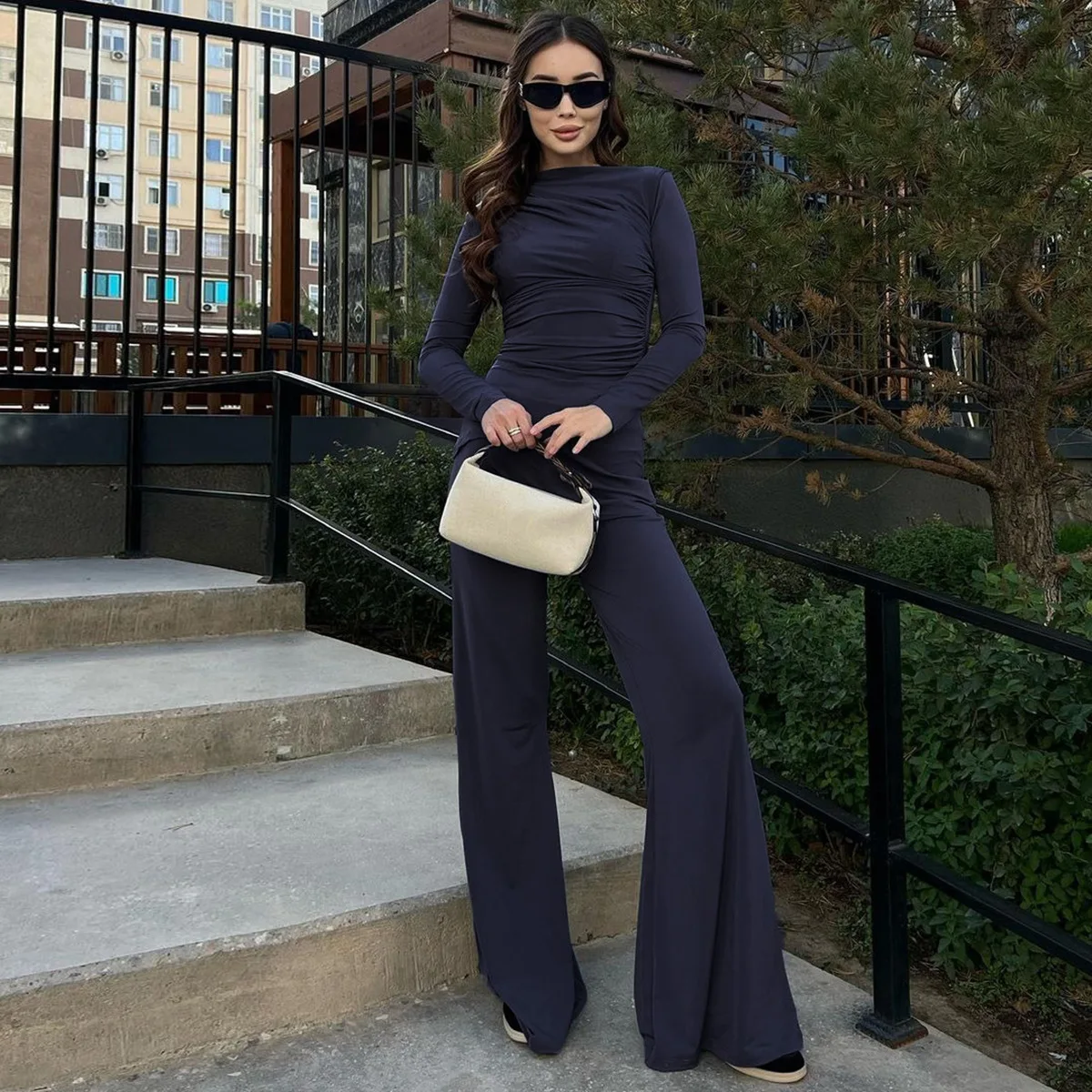 Fashion Autumn 2 Piece-Set Female Flared Pants Streetwear Slim Pleated Long Sleeve Casual Outfits Women's Pants Sets
