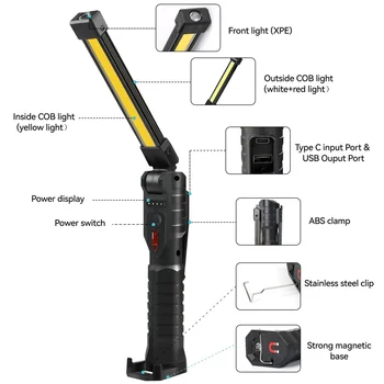 2PCS Folding Work Light COB Flashlight Magnetic Portable LED RED Work Light Lamp for Outdoor Camping USB Charging Torch Lighter 2