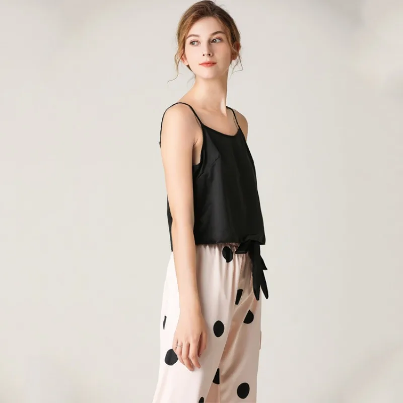 Women Silk Sleepwear Sleeveless Tops Pants Pajama Sets Sexy Sleepwear Summer Loungewear Homewear Luxury Brand Designer Clothing