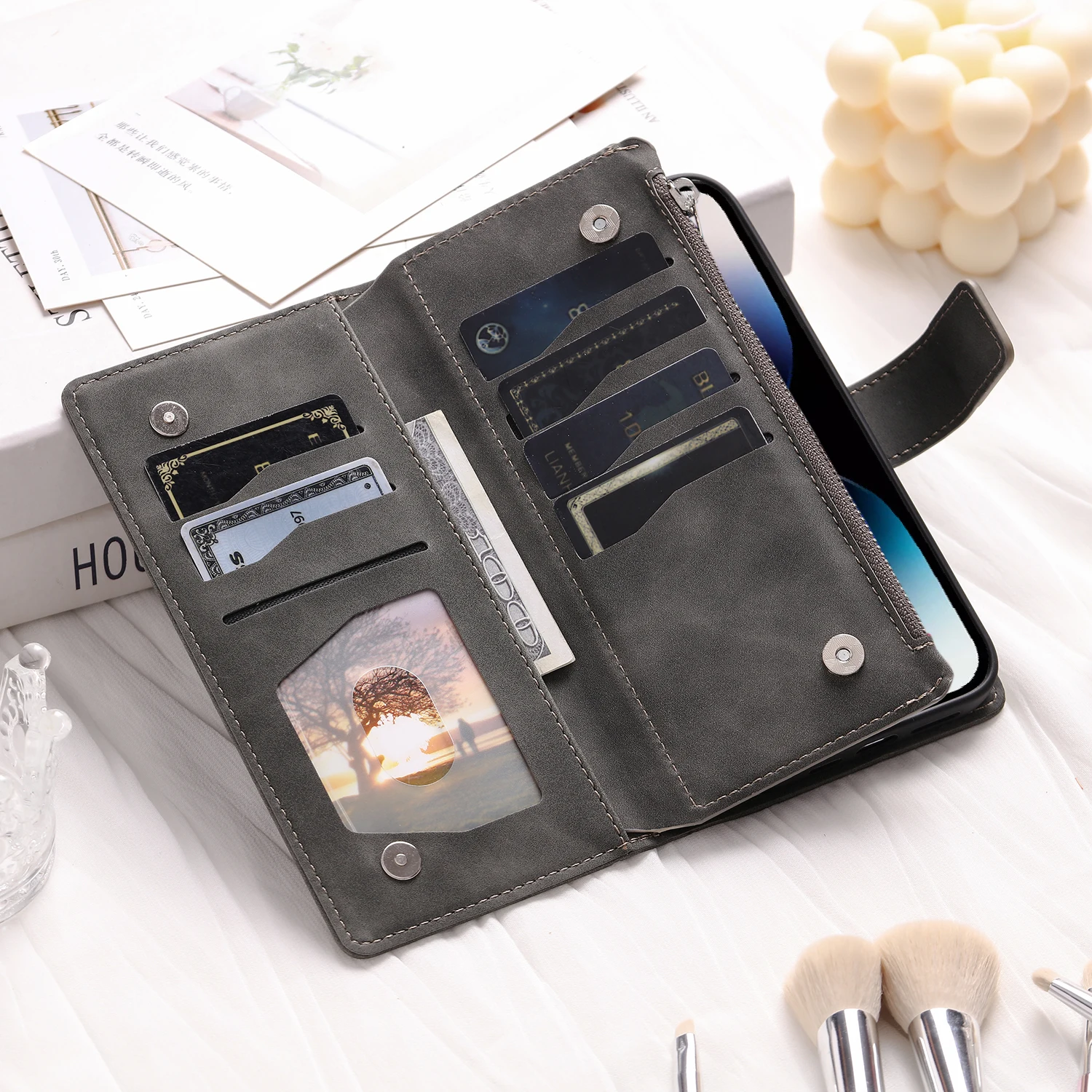 Embossed Leather Flip Case with Card Holder Wallet