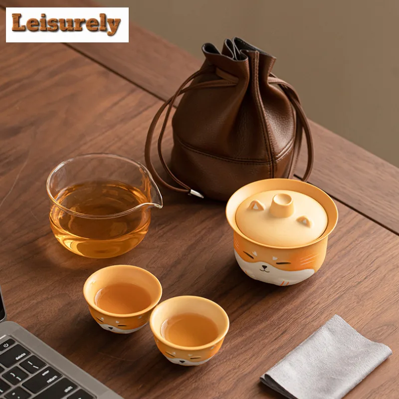 Fortune Cat Travel Tea Set Kit Zen Teapot And Cup Set 1 Pot 2 Cups Tea Maker Organizer Portable Outdoor Handbag Accessories Gift