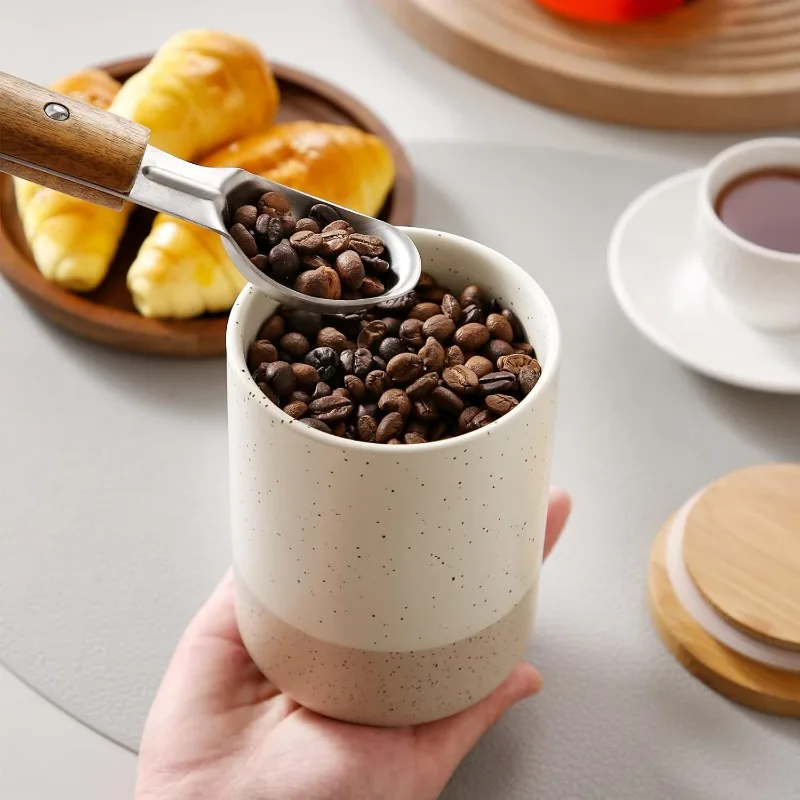 Sabine Ceramic Food Storage Jar, Kitchen Canisters with Airtight Seal Wooden Lid for Serving Ground Coffee, Tea, Sugar
