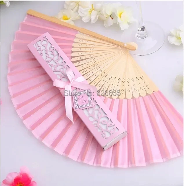 

FREE SHIPPING + 100pcs/lot Luxurious Silk Fold hand Fan in Elegant Laser-Cut Gift Box (Black; Ivory) +Party Favors/wedding Gifts