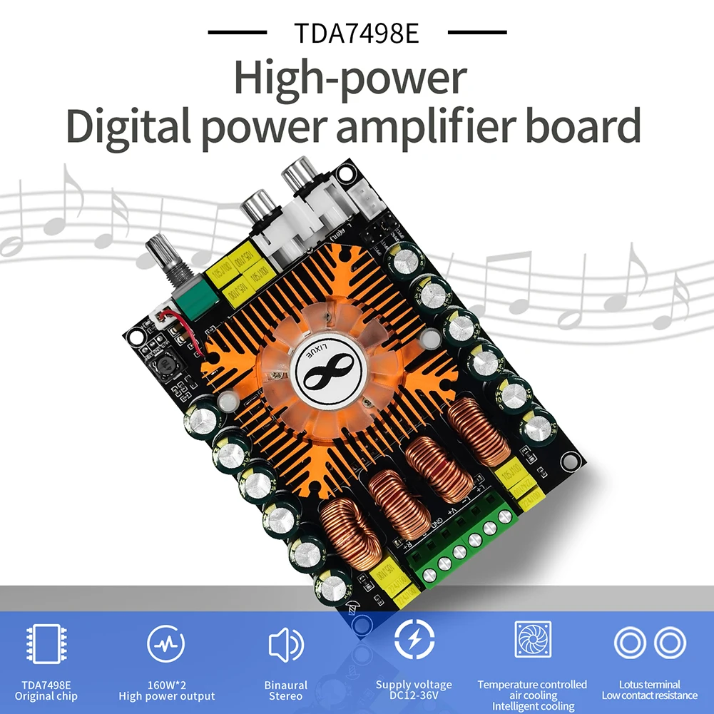 TDA7498E 2.0 고전력 디지털 전력 증폭기 보드 DC 12V-36V 듀얼 채널 HIFI 증폭기 보드(냉각 팬 포함) 20Hz-20KHz