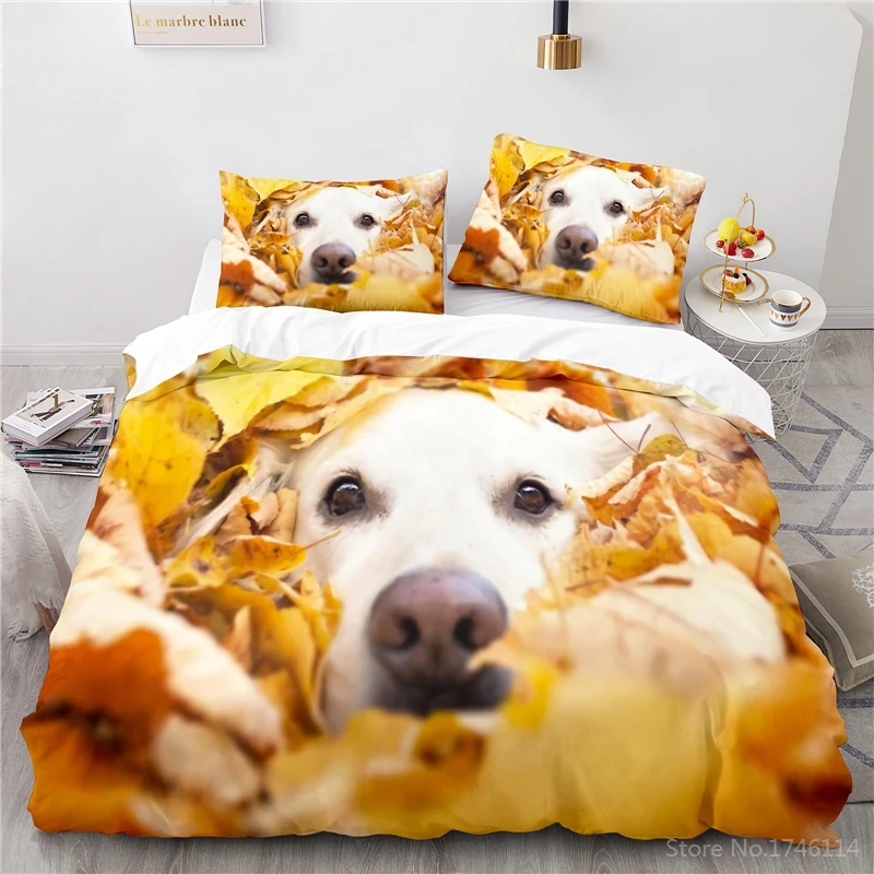 

Cute Pet Labrador Dog Bedding Set 3D Animal Leaves Print Duvet Cover Set Comforter Cover Pillowcase Home Textile for Kids Adults