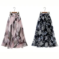 2024 Summer Print Floral Skirts For Women Casual Loose Elastic Waist Plus Size Skirt Belt A-line Chiffon Beach Saias Midi Femme - Image 4