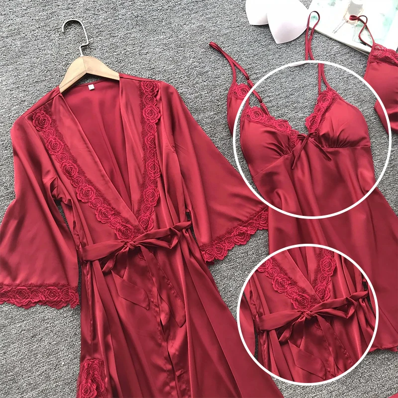 Summer Fashion Pajama Belt Underwear Lace Sexy Solid Embroidered Flower Hanging Pajamas Paired with Outer Robe Pajama Set