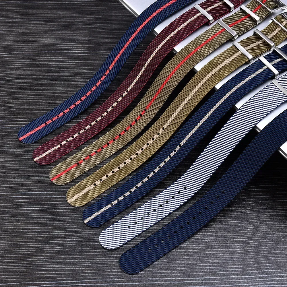 Nylon Canvas Striped Braided Watch Strap - Military Sport Style, 20mm & 22mm