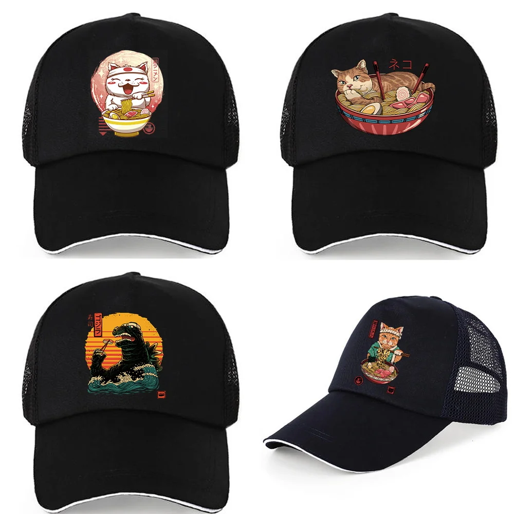 

Women Adjustable Pure Cotton Baseball Caps Summer UV-proof Visors Hats Japan Cat Print Hip Hop Back Buckle Hat Casual Dad Cap