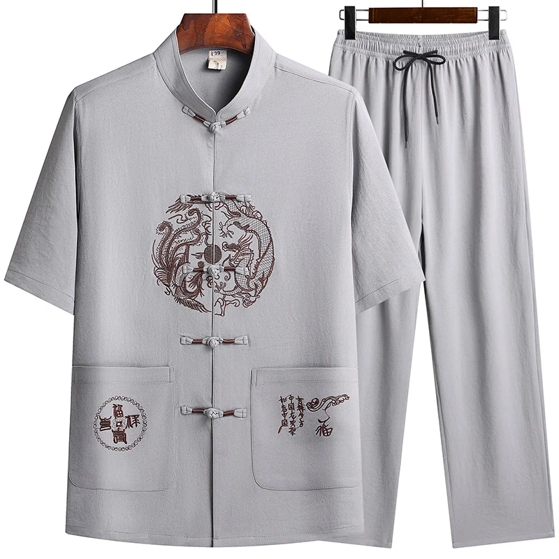 Linen (top + Pants) Middle-aged Ruffled Linen Chinese Tang Suit Men's Chinese Style Hanfu Grandpa Linen Lay Suit 3