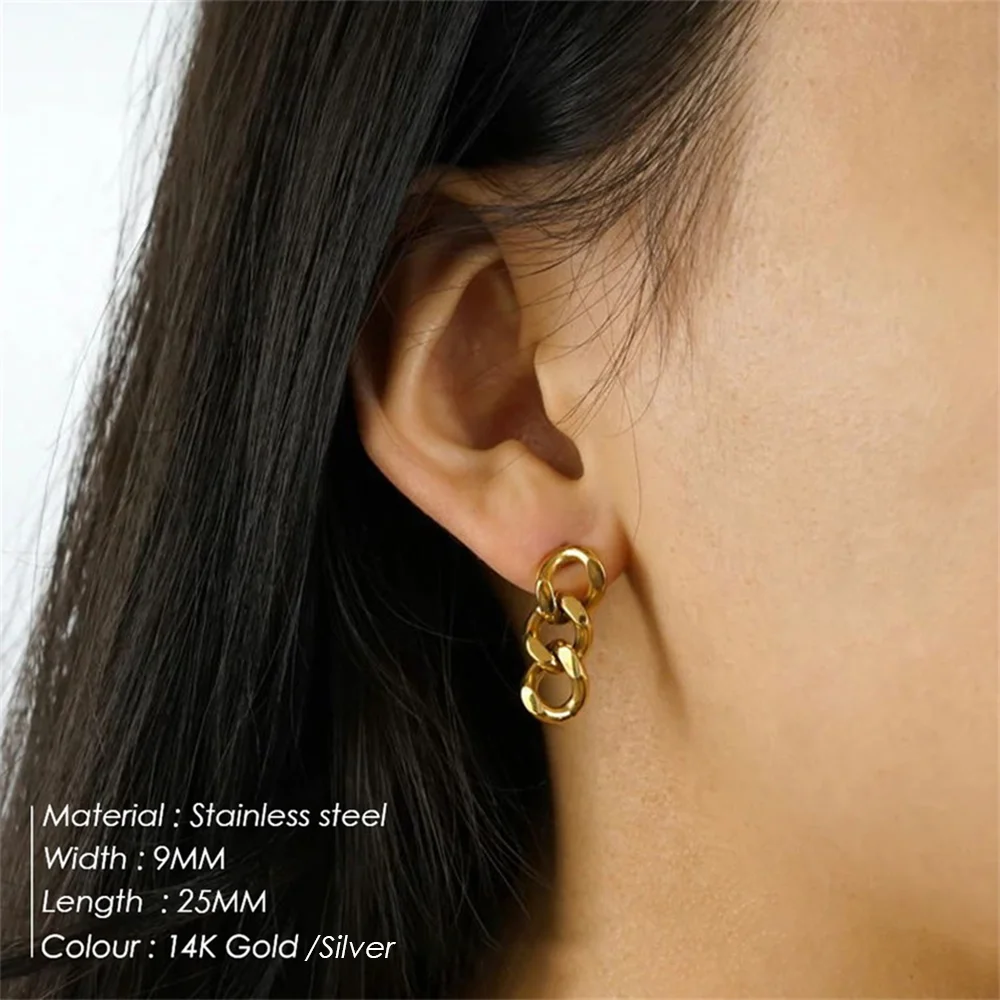 Punk Cuban Link Chain Stud Earrings For Fashion Women Genuine Gold Plated Ring Clasp Dangle Rock Jewelry Gift stud earrings dangle earrings drop earrings long earrings golden earrings