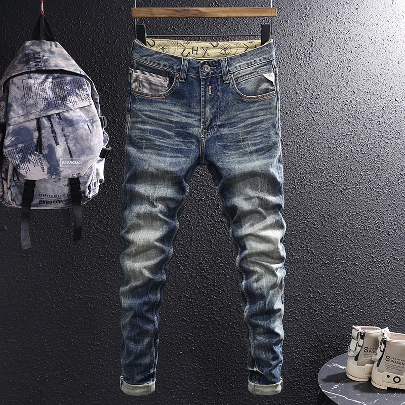 fashion designer men jeans high quality retro black blue stretch slim fit ripped jeans men vintage casual denim pants hombre Fashion Designer Men Jeans High Quality Retro Blue Elastic Stretch Slim Fit Ripped Jeans Men Vintage Casual Denim Pants Hombre