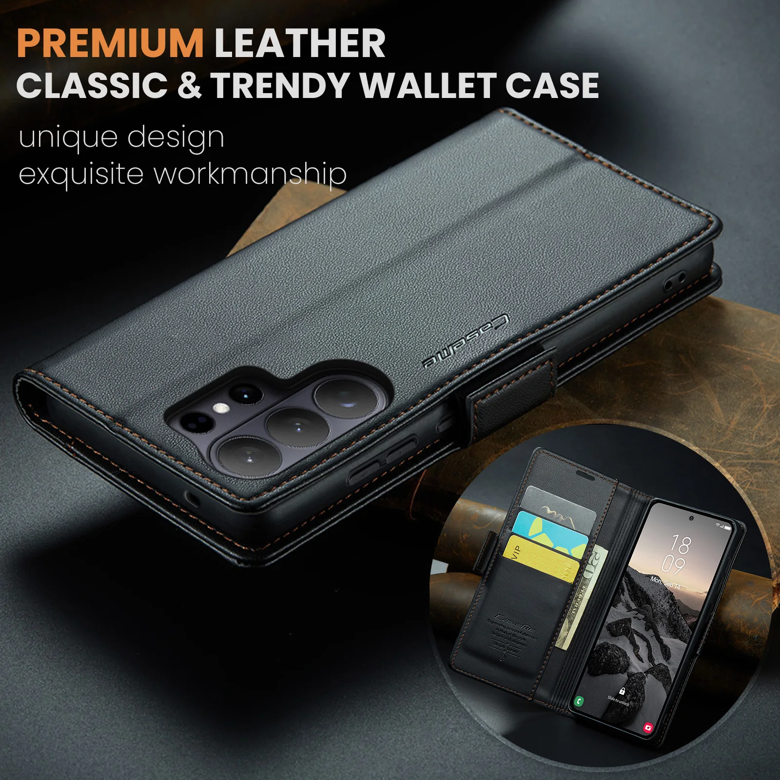 Premium Faux Leather RFID Protective Flip Case with Magnetic Card Holder & Stand Function