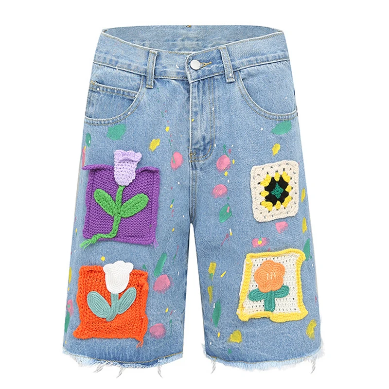 Harajuku Vintage Knitted floral Pattern Denim Shorts Men's Oversized Straight Cut Jeans Casual Loose Shorts College Pants Y2K,denim shorts,summer jeans shorts