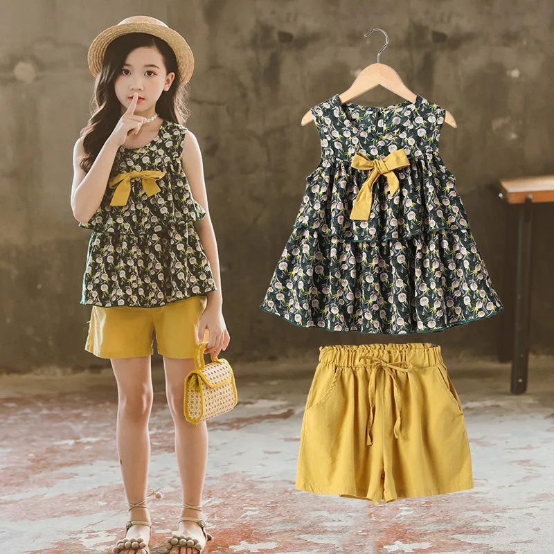 

Kids Summer Girls Clothes Set Children Clothing Outfits Sleeveless Tops Shorts for Baby Girls Casual Suit 4 5 6 8 10 12 Years