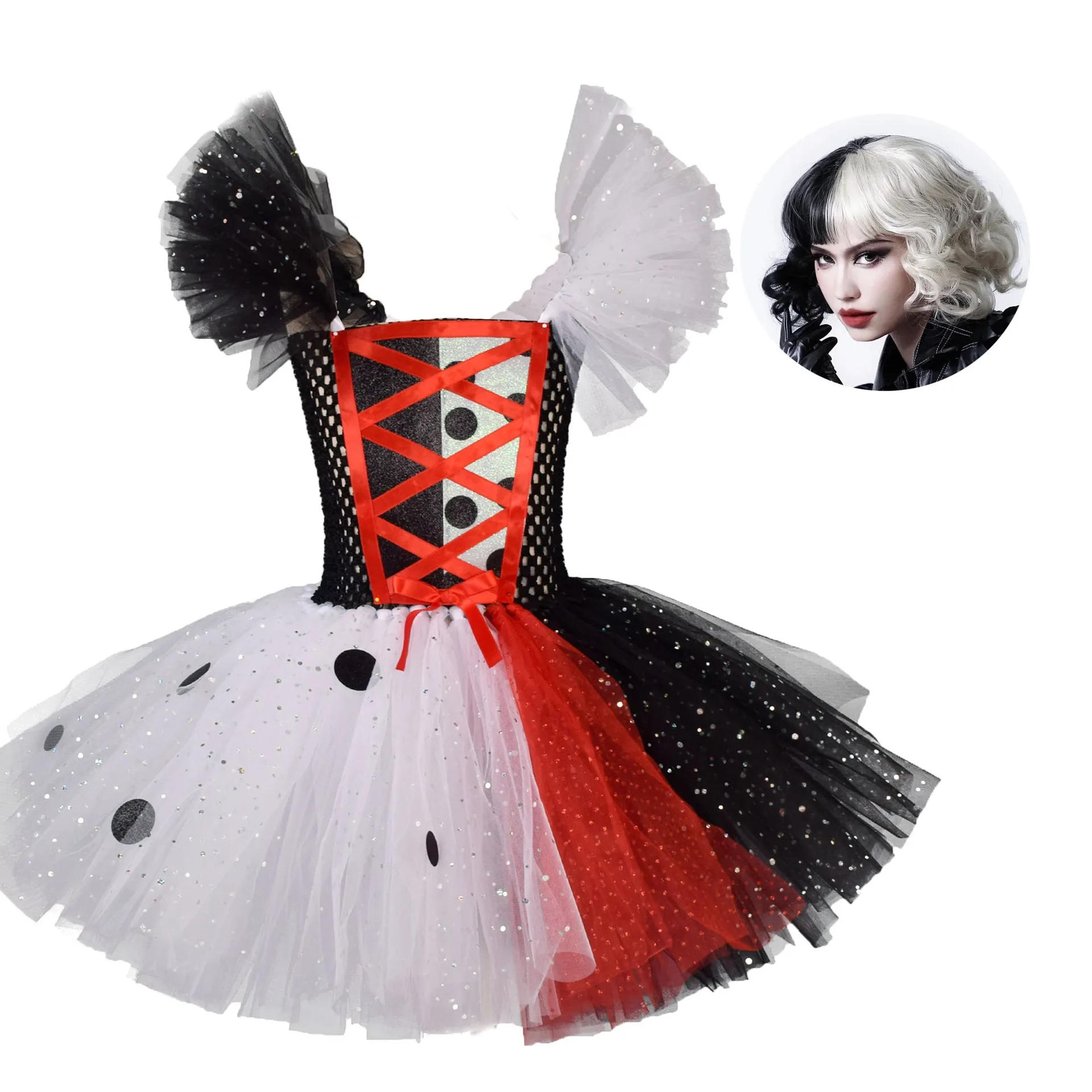 Black White Cruella Girls Costume Dalmatians Tutu Dress for Kids Villian Cruella De Vil Halloween Outfit Children Clothes 1-12Y cosplay costume kids girls dress halloween dress outfit animal tutu skirt outfit