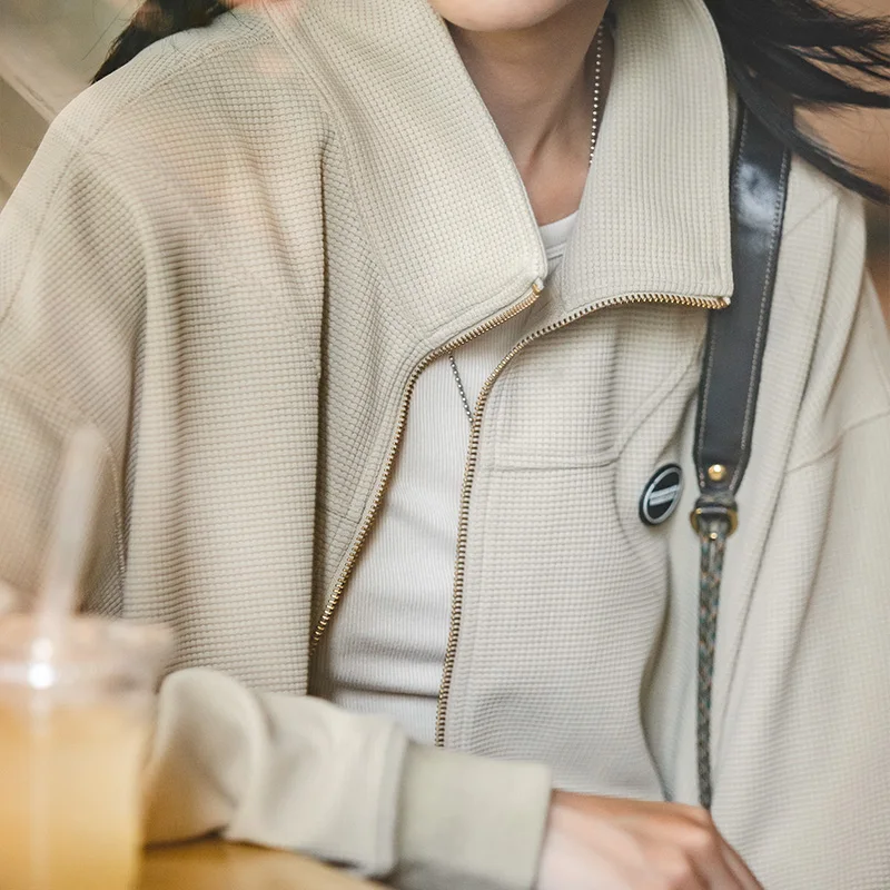 Maden 여성용 지퍼 후드, 와플 립 커프 캐주얼 재킷, 하라주쿠 스웨트 셔츠, 하프 하이 스탠드업 칼라 코트, 스트리트웨어