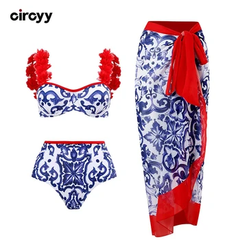 Circyy Printed Swimsuit Women Lace Floral Halter Bodysuit High Waisted Sexy Thongs Lace Up Cover-Ups Wrap Skirt Summer 2025 New