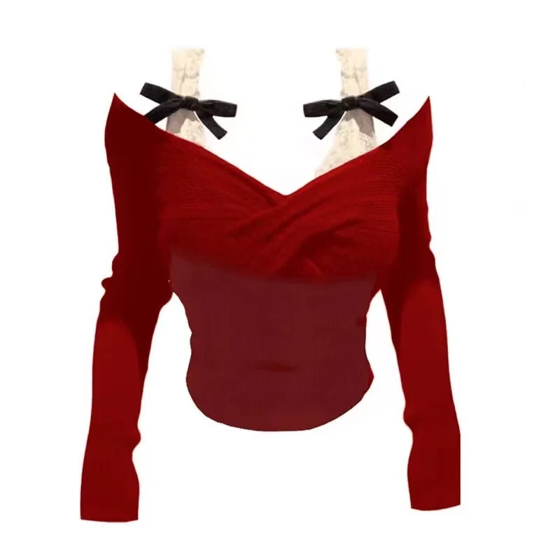 plus Size Sexy  Knot Knitted Top Women's Spring Autumn New Sle Slimming Pure Desire Fake Two-Piece Knitwear