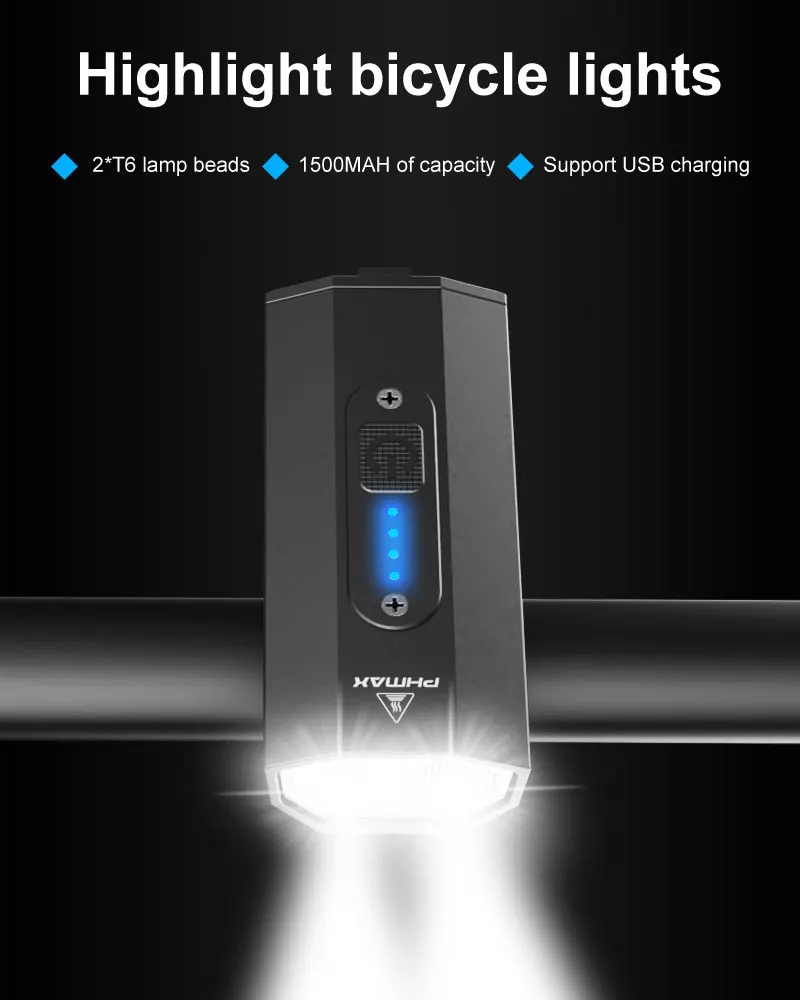 PHMAX Bicycle Flashlight 1500mAh 500 Lumens LED MTB Bike Front Light USB Rechargeable Rainproof Bike Lamp Set Bicycle Headlight